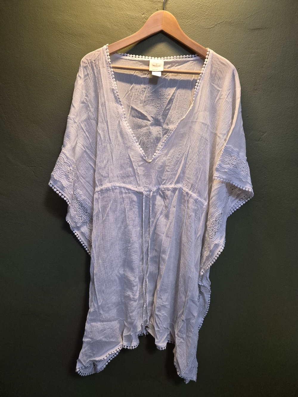 Kate Spade White Cotton Lace Trim Kaftan Tunic Cover-Up “Dive Right In” OS